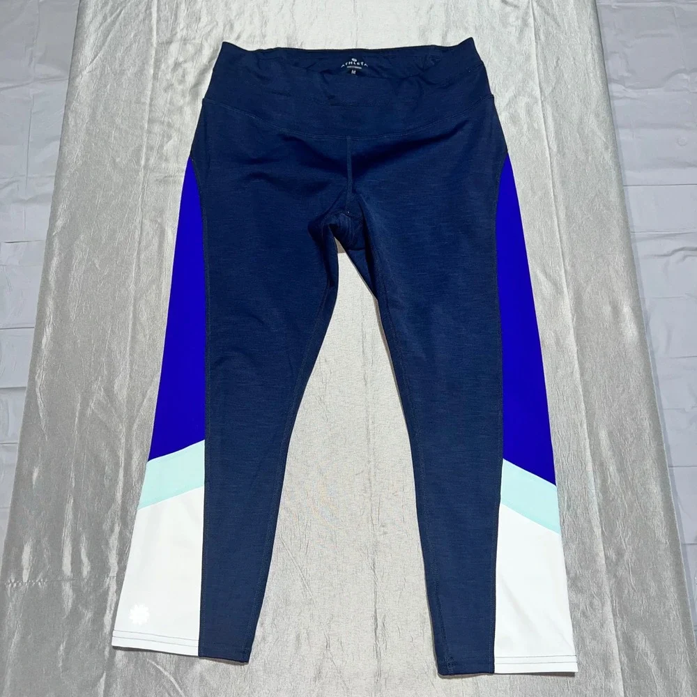 Athleta Navy Blue Colorblock Cropped Leggings Zipper Pocket Size M 596513-01